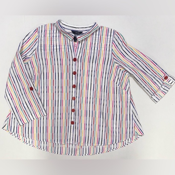 Ali Miles Tops - Ali Miles 1X Cotton Textured Rainbow Stripes Button Down Tunic Roll Tab Sleeve